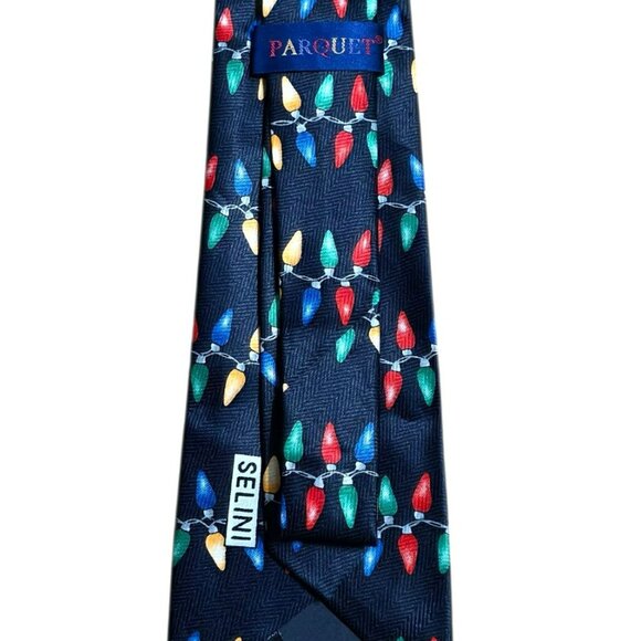 VTG Parquet Christmas Light Neck Tie Multicolor Bulbs Navy Blue Holiday Novelty - Picture 2 of 6